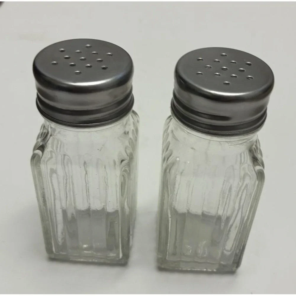 Vintage Ribbed Square Salt & Pepper Shakers‎ Clear Chrome Clear Glass